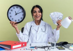 excited young female doctor wearing medical robe with stethoscope sits at desk with medical tools holding wall clock with cash isolated on olive green background excited young female doctor wearing medical robe with stethoscope sits at desk with medical tools holding wall clock with cash isolated on olive green background